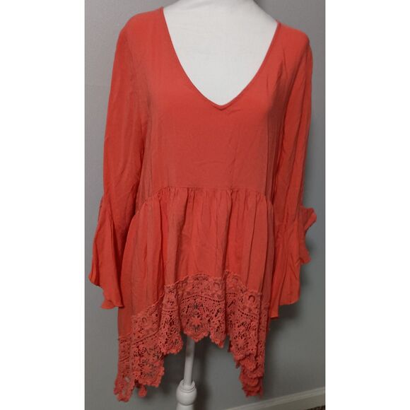 CUPIO, Orange Lace Bell Sleeve Tunic with Lace Boarder, Size XL - Picture 1 of 8